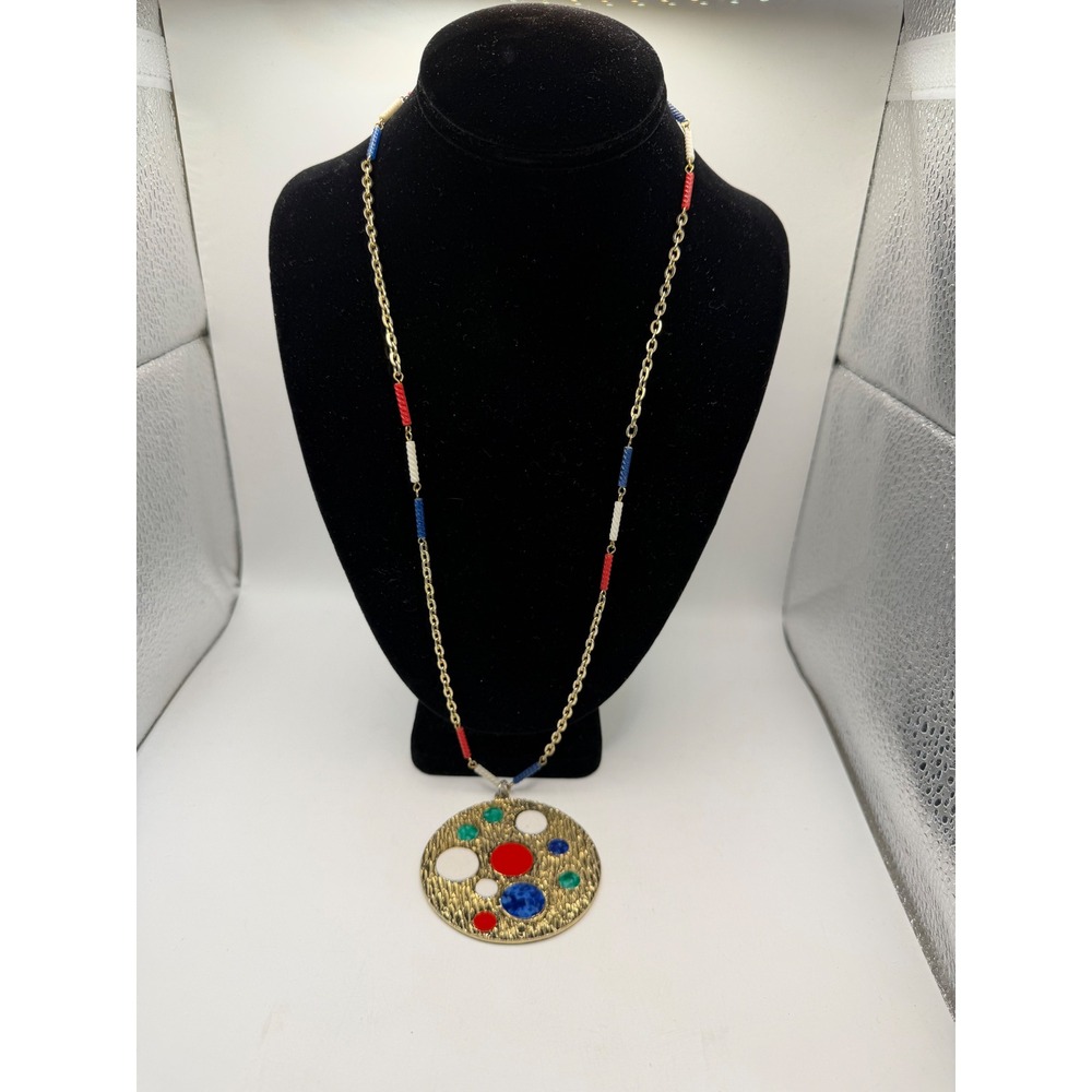 Vintage Gold Tone Long Chain Necklace‎ Multi Color Circle Medallion Pendant 30"